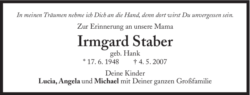 Traueranzeige für Irmgard Staber vom 05.05.2012 aus Süddeutsche Zeitung