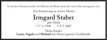 Traueranzeige von Irmgard Staber von Süddeutsche Zeitung