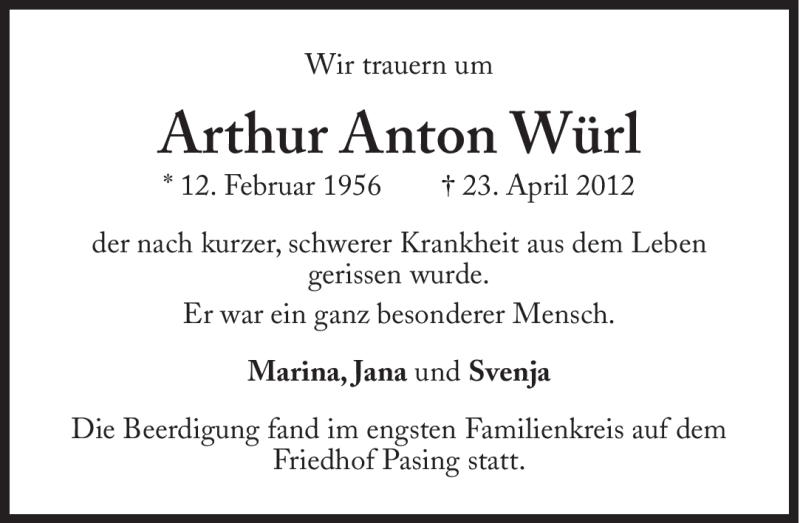  Traueranzeige für Arthur Anton Würl vom 27.04.2012 aus Süddeutsche Zeitung