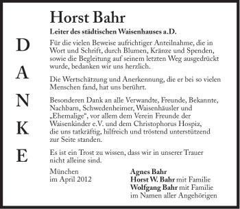 Traueranzeige von Horst Bahr von Süddeutsche Zeitung