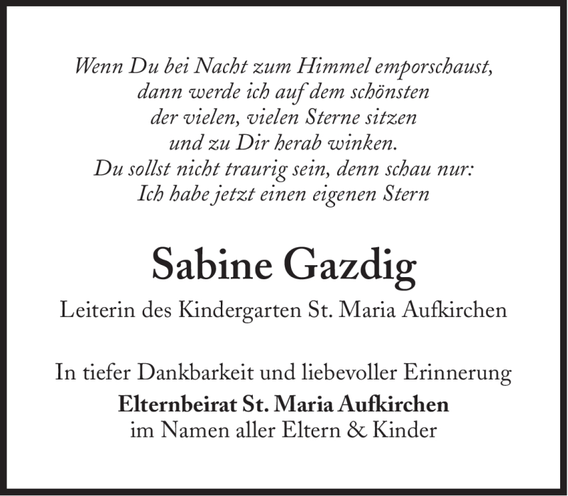  Traueranzeige für Sabine Gazdig vom 28.04.2012 aus Süddeutsche Zeitung