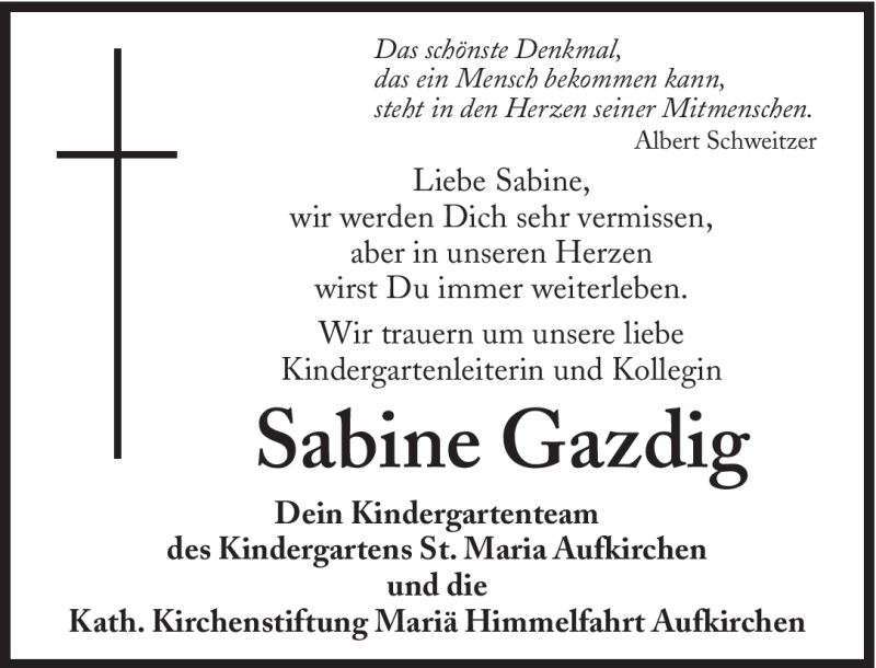  Traueranzeige für Sabine Gazdig vom 02.05.2012 aus Süddeutsche Zeitung
