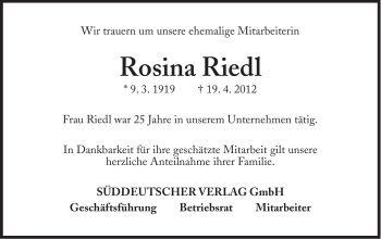 Traueranzeige von Rosina Riedl von Süddeutsche Zeitung