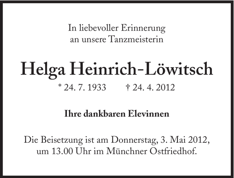  Traueranzeige für Helga Heinrich-Löwitsch vom 02.05.2012 aus Süddeutsche Zeitung