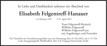 Traueranzeige von Elisabeth Felgentreff-Hanauer von Süddeutsche Zeitung
