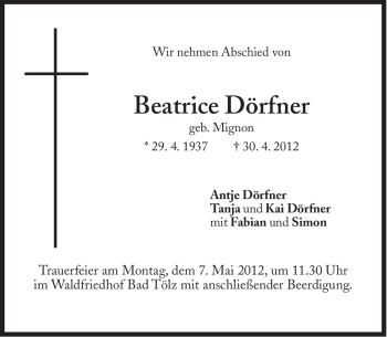 Traueranzeige von Beatrice Dörfner von Süddeutsche Zeitung