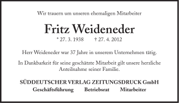 Traueranzeige von Fritz Weideneder von Süddeutsche Zeitung