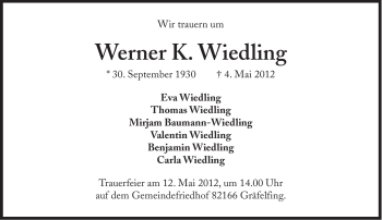 Traueranzeige von Werner K. Wiedling von Süddeutsche Zeitung