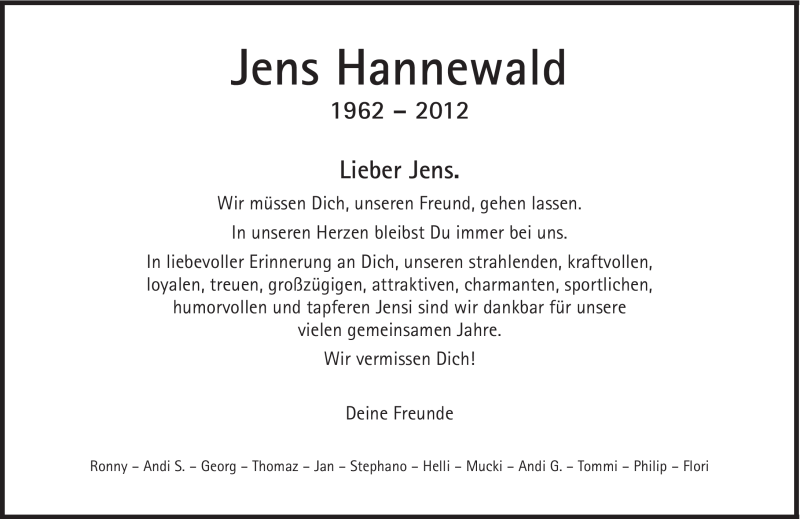 Traueranzeige für Jens Hannewald vom 12.05.2012 aus Süddeutsche Zeitung