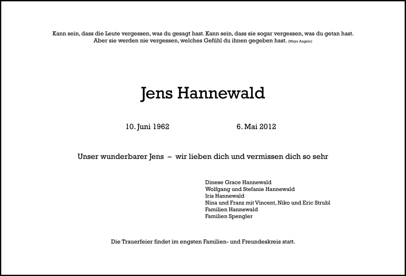  Traueranzeige für Jens Hannewald vom 11.05.2012 aus Süddeutsche Zeitung