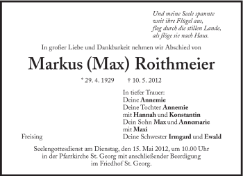 Traueranzeige von Markus Roithmeier von Süddeutsche Zeitung