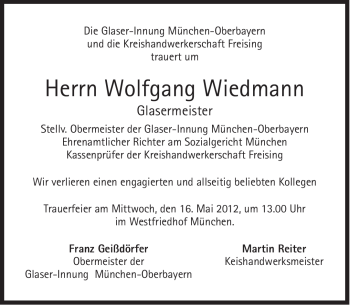 Traueranzeige von Wolfgang Wiedmann von Süddeutsche Zeitung