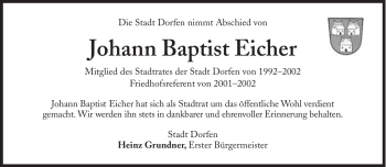 Traueranzeige von Johann Baptist  Eicher von Süddeutsche Zeitung