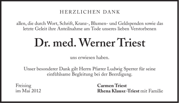 Traueranzeige von Werner Triest von Süddeutsche Zeitung