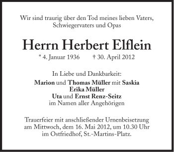 Traueranzeige von Herbert Elflein von Süddeutsche Zeitung