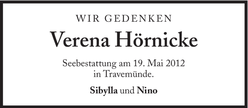  Traueranzeige für Verena Hörnicke vom 18.05.2012 aus Süddeutsche Zeitung