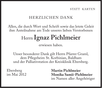 Traueranzeige von Ignaz Pichlmeier von Süddeutsche Zeitung