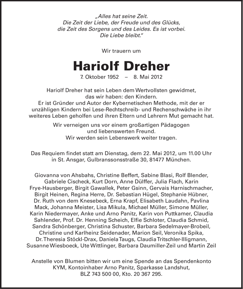  Traueranzeige für Hariolf Dreher vom 19.05.2012 aus Süddeutsche Zeitung