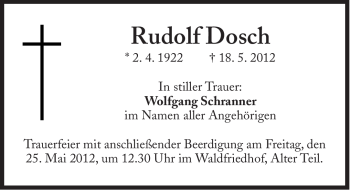 Traueranzeige von Rudolf Dosch von Süddeutsche Zeitung