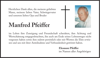 Traueranzeige von Manfred Pfeiffer von Süddeutsche Zeitung