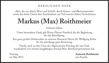 Traueranzeige von Markus Roithmeier von Süddeutsche Zeitung