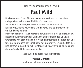 Traueranzeige von Paul Wild von Süddeutsche Zeitung