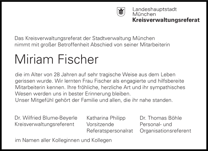  Traueranzeige für Miriam Fischer vom 26.05.2012 aus Süddeutsche Zeitung