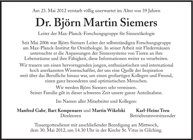  Traueranzeige für Björn Martin Siemers vom 29.05.2012 aus Süddeutsche Zeitung