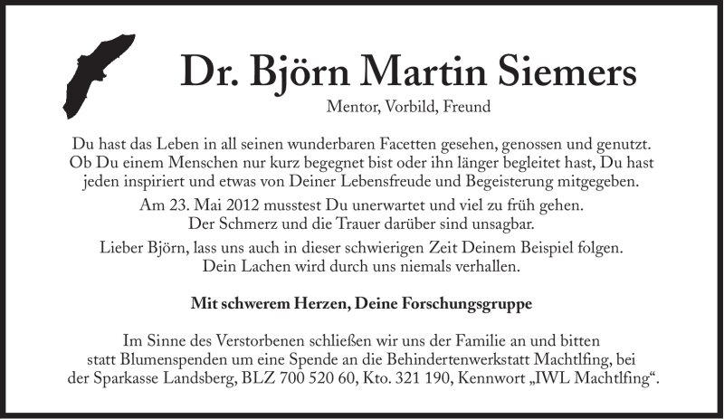  Traueranzeige für Björn Martin Siemers vom 29.05.2012 aus Süddeutsche Zeitung
