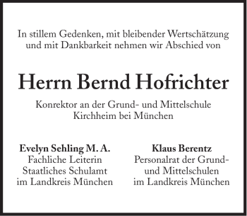 Traueranzeige von Bernd Hofrichter von Süddeutsche Zeitung