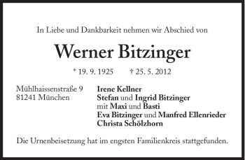 Traueranzeige von Werner Bitzinger von Süddeutsche Zeitung