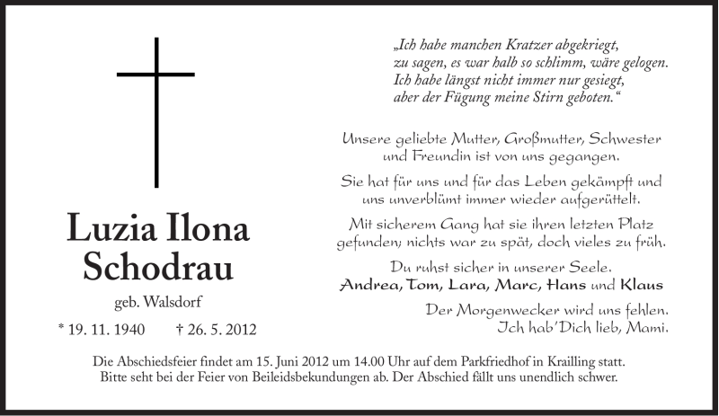  Traueranzeige für Luzia Ilona  Schodrau vom 02.06.2012 aus Süddeutsche Zeitung