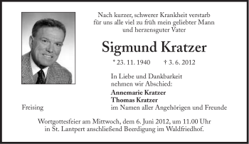 Traueranzeige von Sigmund Kratzer von Süddeutsche Zeitung