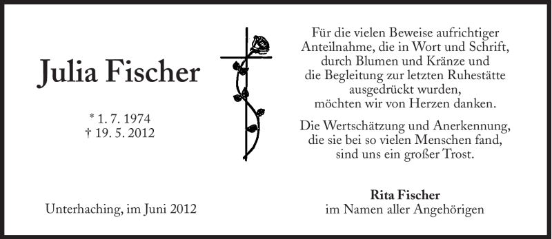 Traueranzeige für Julia Fischer vom 09.06.2012 aus Süddeutsche Zeitung