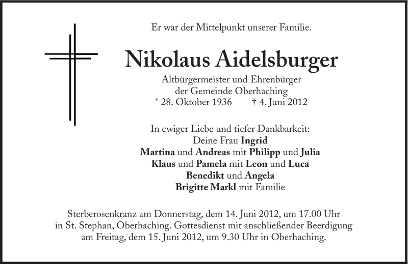  Traueranzeige für Nikolaus Aidelsburger vom 09.06.2012 aus Süddeutsche Zeitung