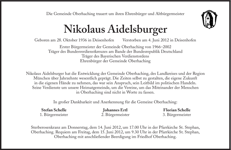  Traueranzeige für Nikolaus Aidelsburger vom 09.06.2012 aus Süddeutsche Zeitung