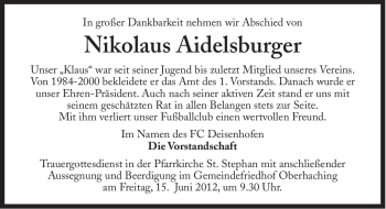 Traueranzeige von Nikolaus Aidelsburger von Süddeutsche Zeitung