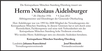 Traueranzeige von Nikolaus Aidelsburger von Süddeutsche Zeitung