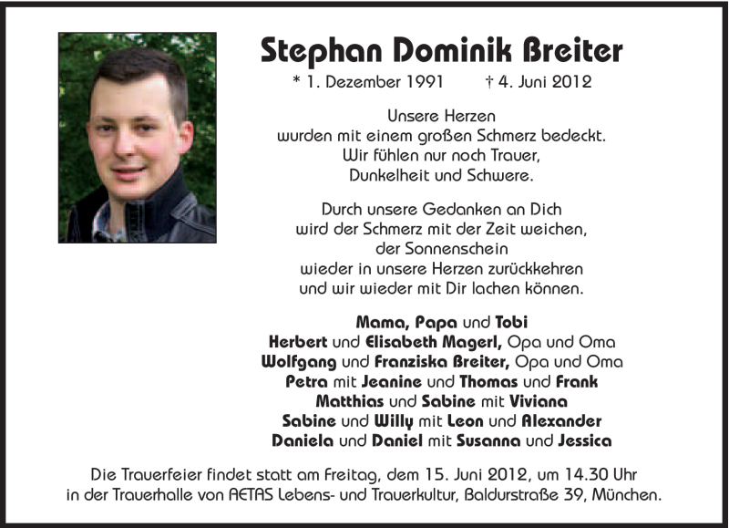  Traueranzeige für Stephan Dominik  Breiter vom 13.06.2012 aus Süddeutsche Zeitung