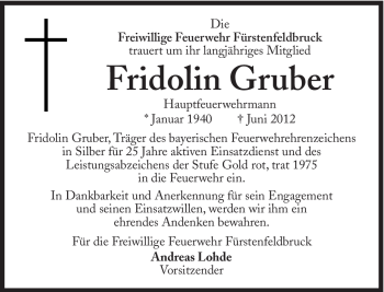 Traueranzeige von Fridolin Gruber von Süddeutsche Zeitung