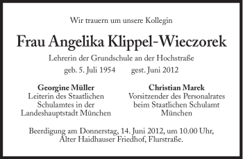 Traueranzeige von Angelika Klippel-Wieczorek von Süddeutsche Zeitung
