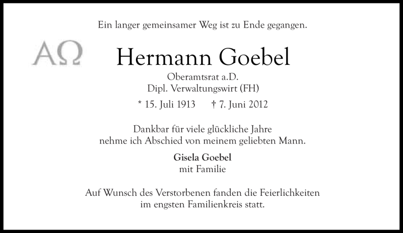  Traueranzeige für Hermann Goebel vom 16.06.2012 aus Süddeutsche Zeitung
