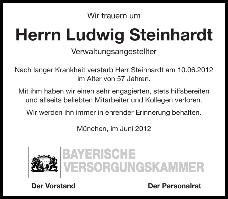  Traueranzeige für Ludwig Steinhardt vom 14.06.2012 aus Süddeutsche Zeitung