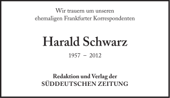 Traueranzeige von Harald Schwarz von Süddeutsche Zeitung