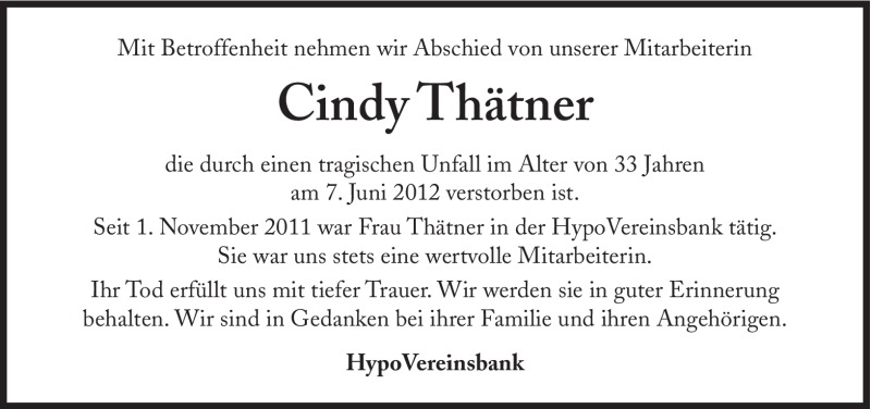  Traueranzeige für Cindy Thätner vom 15.06.2012 aus Süddeutsche Zeitung