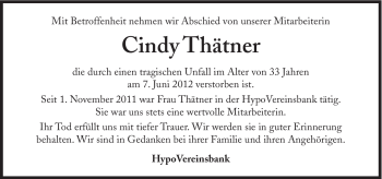 Traueranzeige von Cindy Thätner von Süddeutsche Zeitung