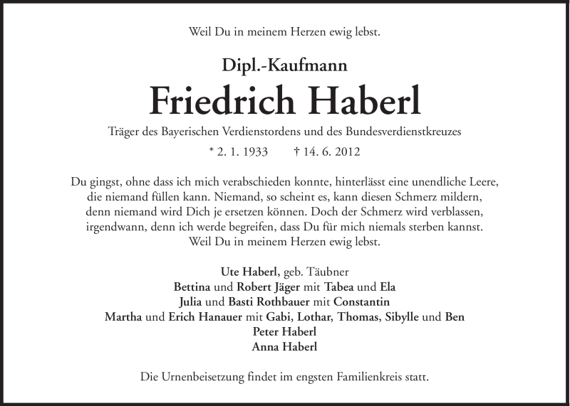  Traueranzeige für Friedrich Haberl vom 18.06.2012 aus Süddeutsche Zeitung