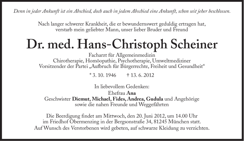  Traueranzeige für Hans-Christoph Scheiner vom 16.06.2012 aus Süddeutsche Zeitung