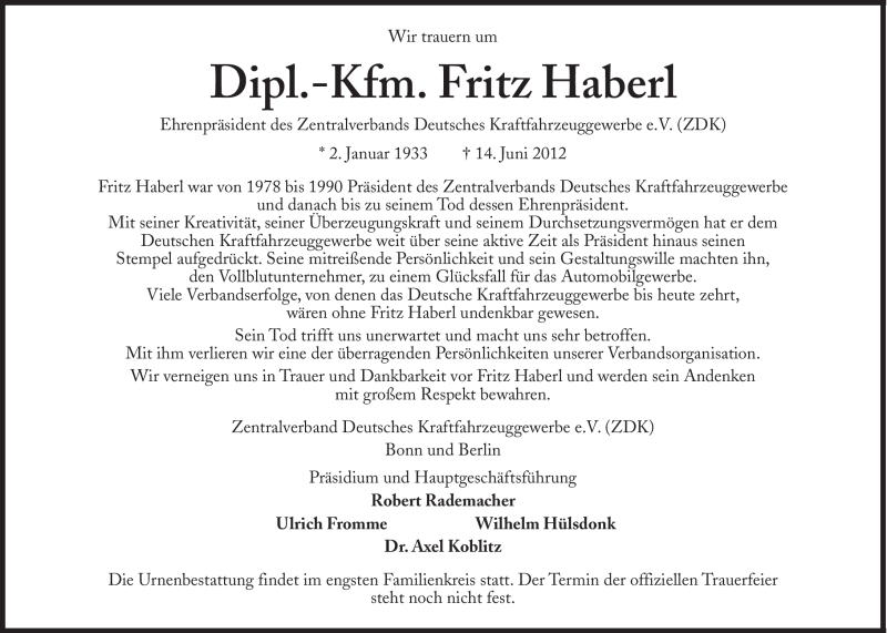  Traueranzeige für Friedrich Haberl vom 18.06.2012 aus Süddeutsche Zeitung