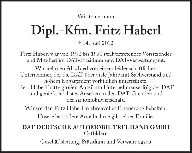  Traueranzeige für Friedrich Haberl vom 19.06.2012 aus Süddeutsche Zeitung